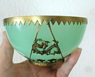 Vintage Chinese Bronze Overlay Dragon Phoenix Jade Translucent Glass Bowl