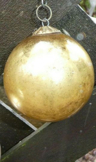 Antique Gold Mercury Glass German Kugel Ball Xmas Ornament,  Brass Cap & Ring Tr