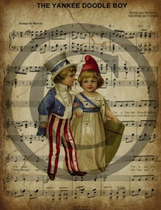 Primitive Americana Yankee Doodle Boy Grungy Sheet Music Patriotic Print 8x10
