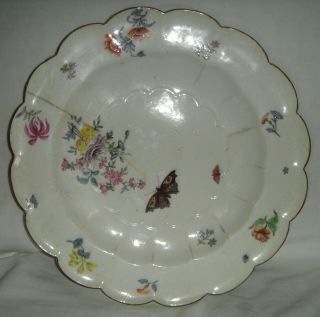 ANTIQUE 18thC CHELSEA MOULDED DINNER PLATE HAND PAINTED BUTTERFLIES & FLOWERS 2