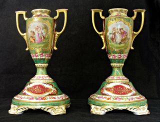 Antique Vienna Style Porcelain Vases 19thc,  Green & Claret,  Gilding