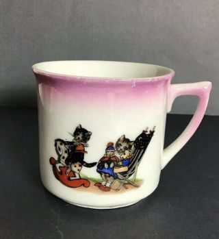 Antique Germany Porcelain Baby Child Cup Mug W/kitten Children W/toys Doll Bear