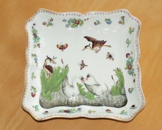 Rare Antique Herend Porcelain Square Shallow Dish,  Relief Swans Design
