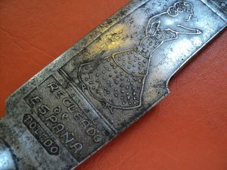 antique big spanish folding knife navaja toledo horn engraved blade mudela made 11