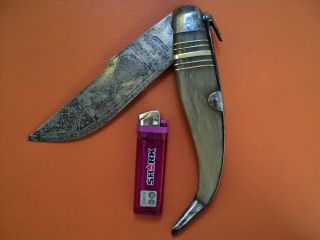 Antique Big Spanish Folding Knife Navaja Toledo Horn Engraved Blade Mudela Made