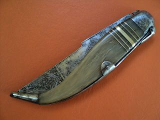 antique big spanish folding knife navaja toledo horn engraved blade mudela made 2