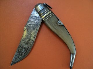 antique big spanish folding knife navaja toledo horn engraved blade mudela made 4
