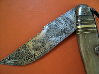 antique big spanish folding knife navaja toledo horn engraved blade mudela made 6