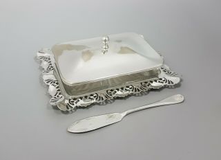 Antique Silver Plate Pressed Glass Lidded Butter Dish Oblong Fluted Spreader