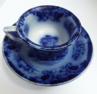 Lovely Rare English Antique 19th Cent C1840 Flow Blue Cup & Saucer Goat Pattern
