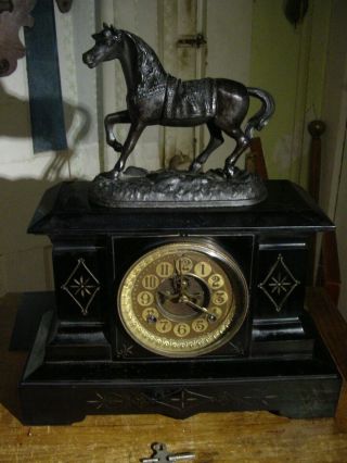 Antique Rare Ansonia 1886 " Palermo " Iron Black Horse Statue Shelf Clock