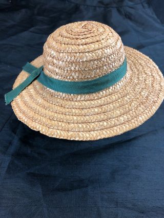 Vintage Large Doll Straw Hat 7” Green Ribbon From Estate Phyllis Wright