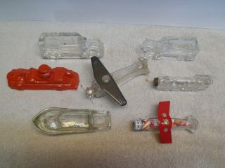 Antique Glass Toy Candy Containers,  Airplanes,  Whistle,  Fire Trucks,  Woody,  More