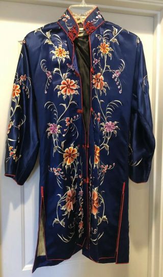 Vintage Antique Asian Chinese Embroidered Silk Blue Floral Women’s Robe Coat