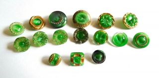 16 Vintage German Glass Moonglow Buttons With Gold Luster - Green 3/8 " - 3/4 "
