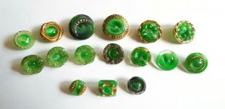 16 VINTAGE GERMAN GLASS MOONGLOW BUTTONS WITH GOLD LUSTER - GREEN 3/8 