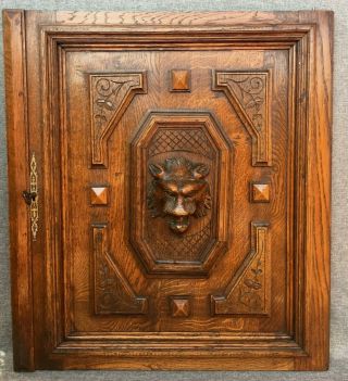 Big antique french furniture door early 1900 ' s oak wood henri II lion lock key 2