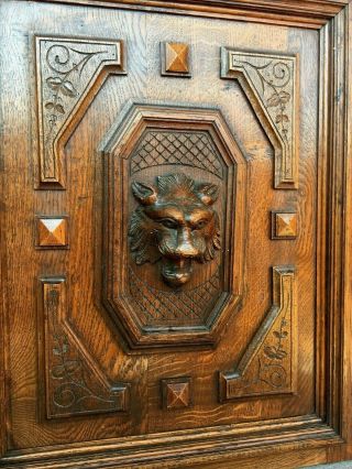 Big antique french furniture door early 1900 ' s oak wood henri II lion lock key 3