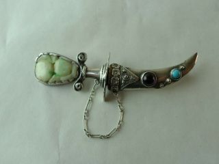 Antique Sword Dagger Brooch Pin Sterling Silver Jade Stone Art Nouveau