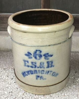 Rare Antique Stoneware Crock 6 Gal Es&b Brighton,  Pa Civil War Era 1860 - 1870