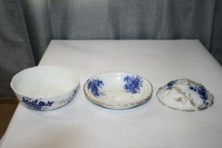 Antique Dresden flow blue 3 piece soap dish with cover & strainer 3
