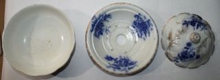 Antique Dresden flow blue 3 piece soap dish with cover & strainer 4