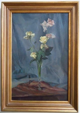 Raphael Roussel (1883 - 1967) Antique Oil Painting Still Life Of Roses