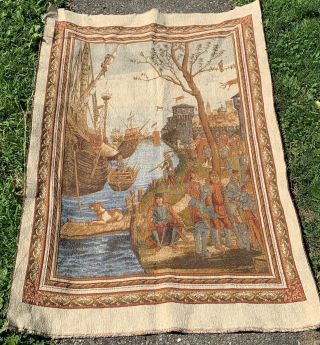 Large 37” X 55” Vintage Antique Tapestry Wall Hanging.  Great Scene Nr