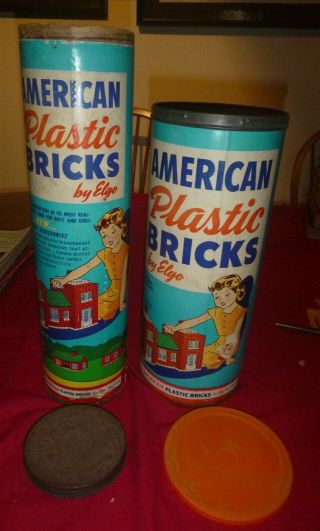 Two Vintage American Plastic Bricks Building Toys,  Canisters No.  715 & No.  725