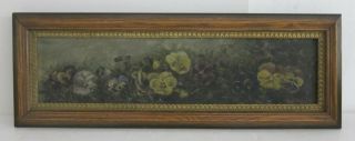 Field Of Pansies Antique C.  1800s Oil Painting In Ornate Wood & Gilt Frame 9x27