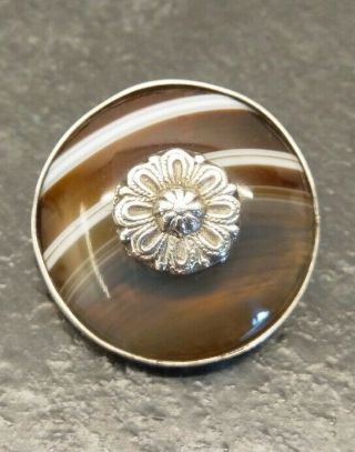 Antique Victorian Scottish Banded Agate & Silver Brooch.