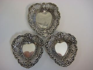 Set Of 3 Vintage 800 Silver Heart Pin Ring Tray,  190 Gram Weight (3 Tray)