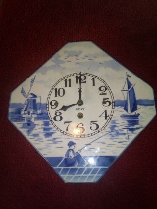 Antique German Delft Pottery 8 Day Clock Movement Dial & Hands N/r
