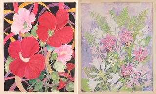 2 Antique Mid - Century Beulah Brown Watercolor Floral Hibiscus Stillife Paintings