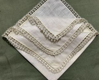 True Vintage White Delicate Tatting Lace Trim Bridal Handkerchief,  12 " Sq