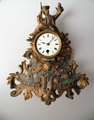 Antique French Ormolu Spelter Rococo Baroque Huntsman Mantel Clock