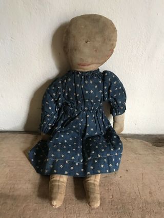 Old Antique Litho Printed Cloth Stuffed Rag Doll Worn Aafa Blue Calico Dress