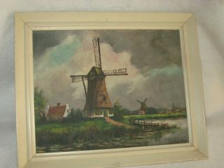 Antique Dutch Oil Painting Windmill On Wood Framed