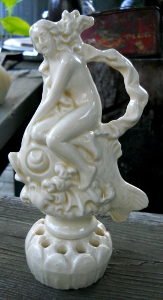 German Art Deco Erphila Pottery Nude Lady Riding Fish Flower Frog Figurine