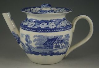 Antique Pottery Pearlware Blue Transfer Inn With Sign Miniature Teapot 1825