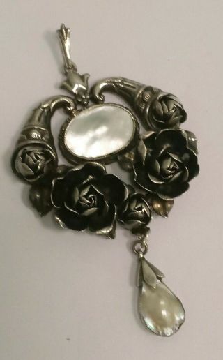 Vintage Or Antique Sterling Silver Ornate Blister Pearl Drop Pendant Rose Design