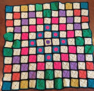 Vintage Hand Crochet Granny Square Wool Afghan 42x45 Roseanne Big Bang Blanket