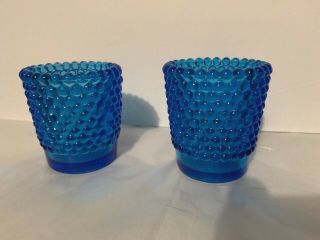 2 Vintage Blue Hobnail Glass Votive Candle Holders Euc
