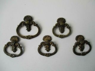 5 - Antique Victorian Ornate Brass Fan & Drop Ring Single Bolt Drawer Pulls