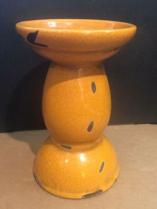 Pillar Candle Holder Yellow Antiqued Stoneware With Distressed Design