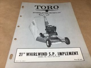 Toro 21 " Whirlwind S.  P Implement Parts List,  Ipl,  Antique Toro Tractor