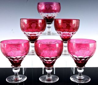 Set Of 6 Large Bohemian Cranberry Etched Grapes Stemmed Wine Glasses