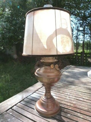 Lovely Unusual Antique Vintage Brass & Glass Oil Lamp With Shade.