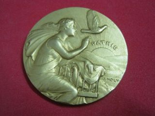 Antique Bronze Medal Patry With A Lady And A Pigeon Signed J.  Holy
