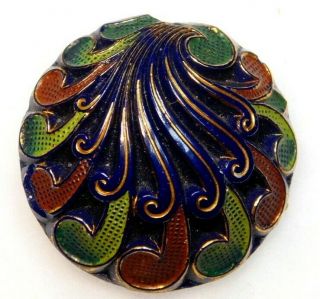 Antique Victorian Button Hand Painted Dk Blue Glass Realistic Clam Shell W Gold